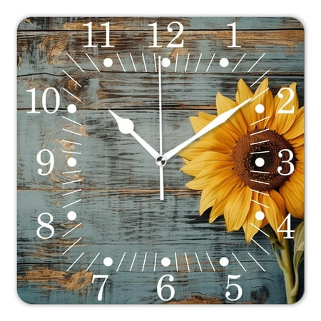 10 Inch Wall Clock Battery Operated Square Clock for Office, Kitchen, Outdoor, Living Room,Yellow Sunflower Brown Burlap on Wooden Image