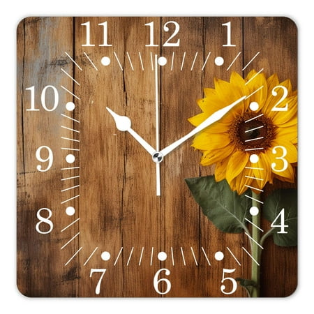 10 Inch Wall Clock Battery Operated Square Clock for Office, Kitchen, Outdoor, Living Room,Yellow Sunflower Brown Burlap on Wooden Exquisite