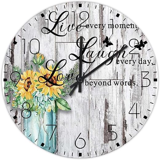 10x10 Inch Wood Wall Clocks Live Every Moment Laugh Every Day Love Fireplace Decor for Living Room Farmhouse Ball Mason Jars Sunflowers Wall Clocks Round Wooden Wall Clock Vintage