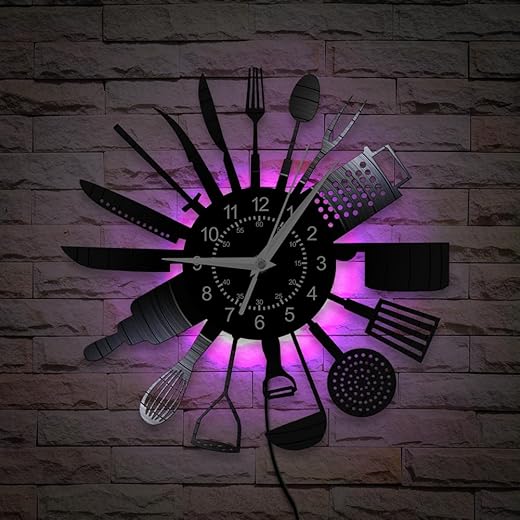 12'' Cutlery Kitchen Wall Clock 7 Kinds of LED Color, Cooking Set Wall Watch Clock with Fork and Spoon Dial Silent Vinyl Record LED Night Light Wall Clock for Kitchen Dining Room Restaurant