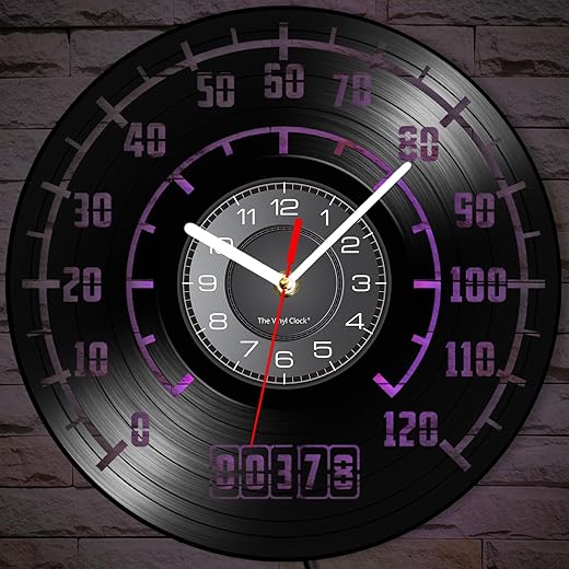 12'' Garage Wall Clock with Speedometer Dial 7 Kinds of LED Color, Car Theme Wall Clock Vintage Silent Vinyl Record Wall Clock Games Room Garage Man Cave Gifts for Dad and Husband Car Guys