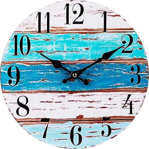 12 Inch Beach Themed Wall Clock, Rustic Weathered Boards in Coastal Colors with Silent Non Ticking Movement