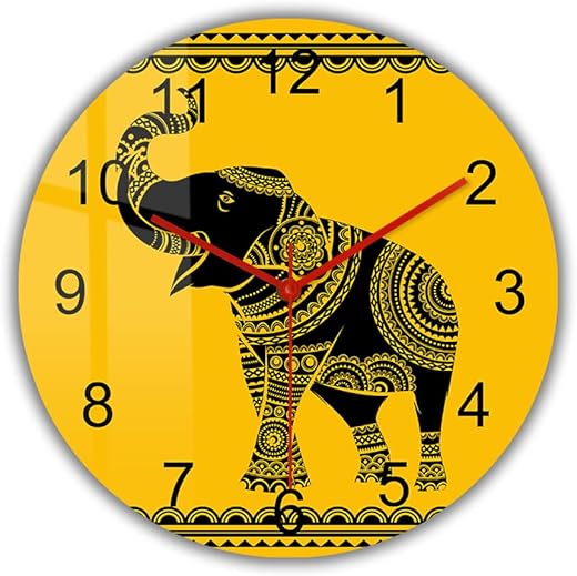 12 Inch Ethnic Elephant Wall Clock, African Animals Safari Elephant Wall Watch Clock Vintage Decorative Silent Non Ticking Battery Operated Wall Clock for Tribal Lotus Ornament Elephant Room