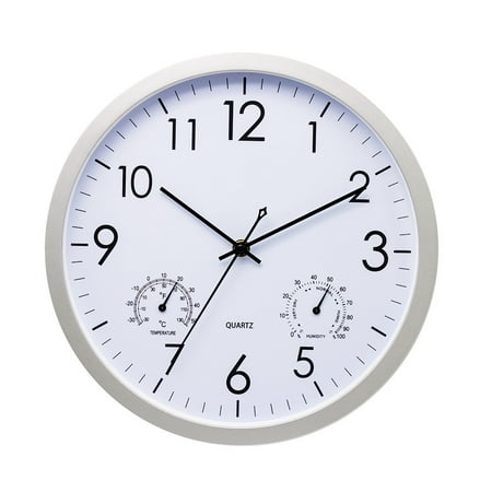 12 Inch Large Modern Wall Clock Silent Non-Ticking Quartz Thermometer & Humidity, Silver