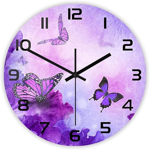 12 Inch Purple Wall Clock, Purple Butterfly Wall Watch Clock Modern Decorative Easy to Read Accurate Silent Non Ticking Quartz Battery Operated Wall Clock for Girls Bedroom Kitchen Farmhouse