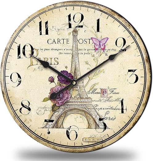 12 Inch Retro Silent Wall Clock Battery Operated for Kitchen,Small Wall Clock Non-Ticking Paris Eiffel Tower Decorative for Living Room,Vintage Wood Wall Clock for Bedroom Home Office School