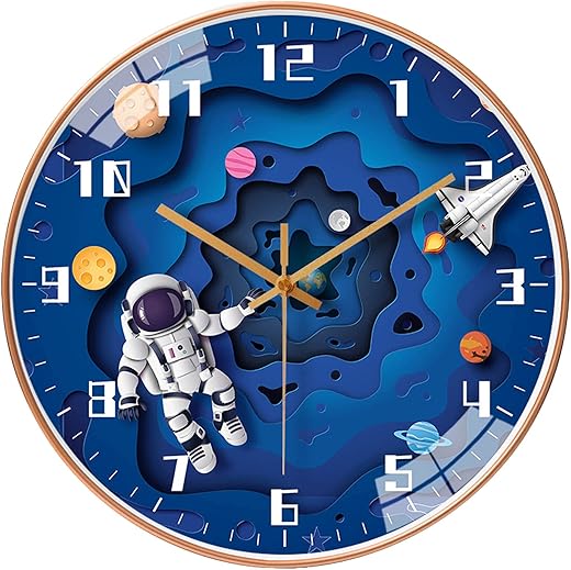 12 Inch Silent Movement Kids Wall Clock, Non Ticking Children Round Wall Clock Battery Operated Space Travel Style Decor Children Clock for School Boys Bedroom Living Room Space Decor (Blue)