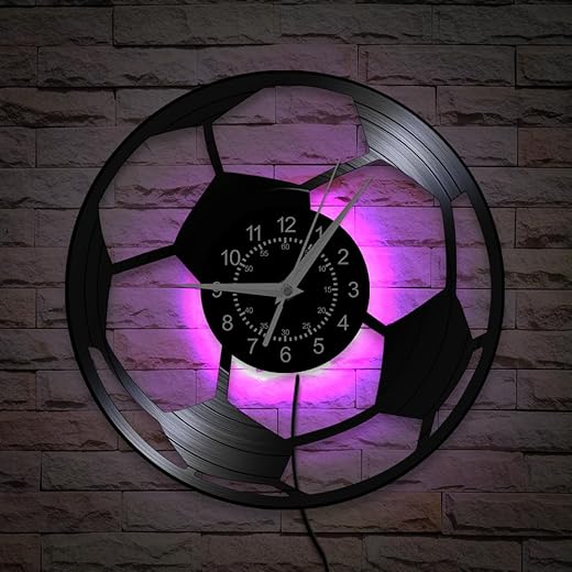 12 Inch Sport Soccer Ball Wall Clock 7 Colors LED Backlight, Classic Football Wall Clock Vintage Night Light Vinyl Record Wall Watch Clock Silent Movement for Boy Kids Room Soccer Lovers Gift