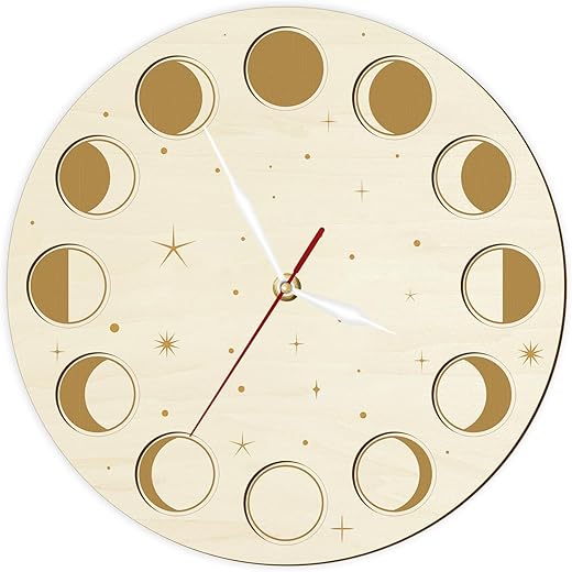 12 Inch Stars and Moon Wall Clock, Moon Phases Wooden Round Wall Clock Modern Silent Quartz Non Ticking Battery Operated Eclipse Celestial Lunar Wall Clock Watch for Bedroom Living Room