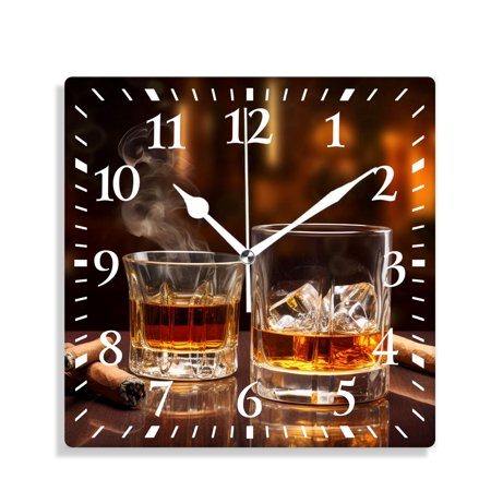 12 Inch Wall Clock Battery Operated Silent Clock Decorative for Office, Kitchen, Outdoor, Living Room，Whiskey Drinks with Smoking Cigars Cute Drawing