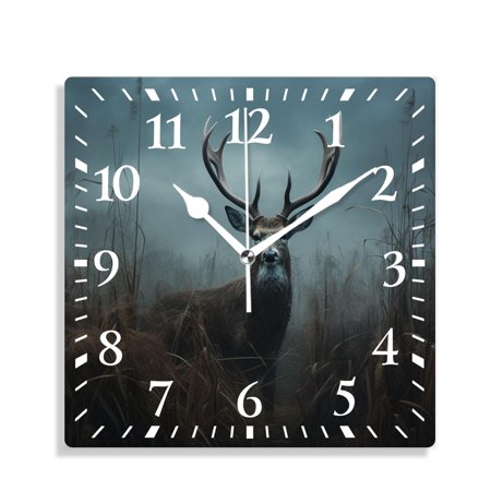 12 Inch Wall Clock Battery Operated Silent Clock Decorative for Office, Kitchen, Outdoor, Living Room，Whitetail Deer Fawn in Wilderness Countryside Beautiful