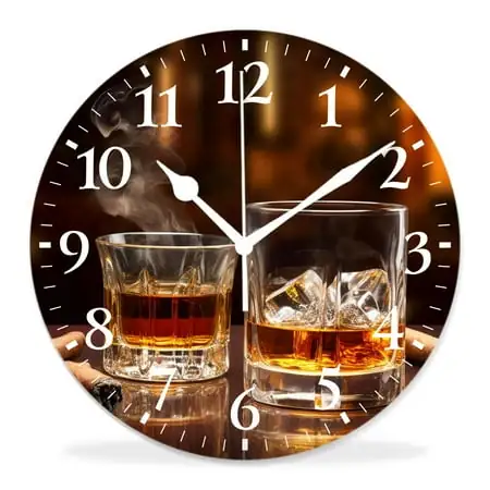 12 Inch Wall Clock Battery Operated Silent Clock Decorative for Office, Kitchen, Outdoor, Living Room，Whiskey Drinks with Smoking Cigars Cute Drawing