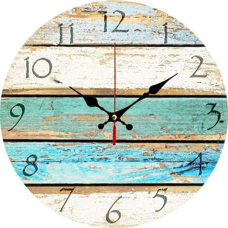 12 Vintage Arabic Numerals ,Shabby Beach, Weathered Beachy Boards Design ,Ocean Colors Old Paint Boards Printed Image, Rustic Mediterranean Style Wooden Decorative Round Wall Clock (Sky),,F108243