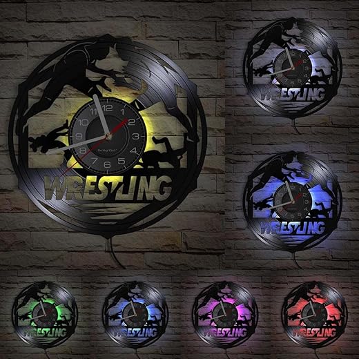 12'' Wrestling LED Vinyl Record Wall Clock with 7 Colors Changing, Grappling Freestyle Fight Martial Wall Art Hanging Night Light Wall Clock Watch for Combat Sport Fighter Gift Bedroom Decor