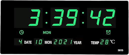 14.1 Inch Oversized LED Digital Wall Clock with Indoor Temperature, Seconds, Date, Day, Memory Function Adapter Included, Wall Decorative for Living Room, Office, Conference Room, Bedroom，Green