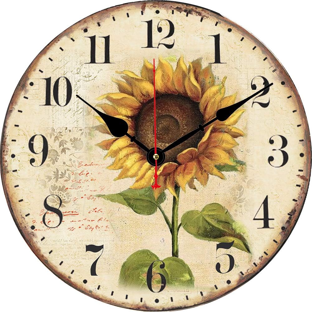 14 Inch Silent Non-Ticking Wall Clocks Sunflower Design Wall Clock Wooden Round Decorative Clocks Battery Operated Indoor Art Clock for Kitchen/Office/Home/Classroom/School