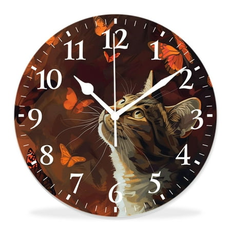 14 Inch Wall Clock Battery Operated Silent Clock Decorative for Office, Kitchen, Outdoor, Living Room，Portrait of Cat Butterflies Animals Amazing