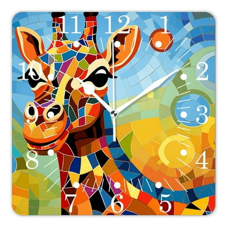 14 Inch Wall Clock Battery Operated Square Clock for Office, Kitchen, Outdoor, Living Room,Abstract Geometric Rainbow Giraffe Stained Glass Style Beautiful