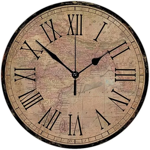 15 Inch Wood Wall Clock Sweep Movement Quiet Vintage Style Old World Map Round Wood Clock Decorative Antique Style Wall Clock Decorative for Kitchen Dining Room School Quiet Clock Wall Hanging