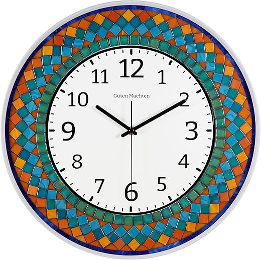 16.5'' Mosaic Wall Clock Handmade Glass Orange Colorful Design Silent Non-Ticking Unique Living Room Decor CLK010