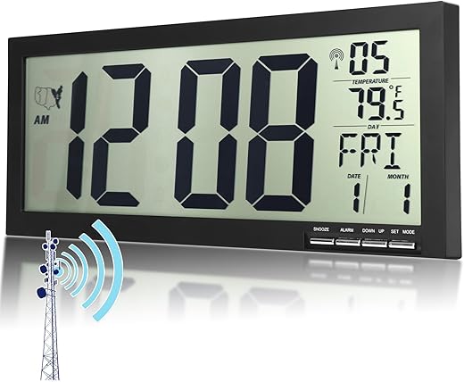 16" Atomic Digital Clock Large Display - Self-Setting Digital Wall Clocks Battery Operated for Living Room Kitchen Office,Auto DST