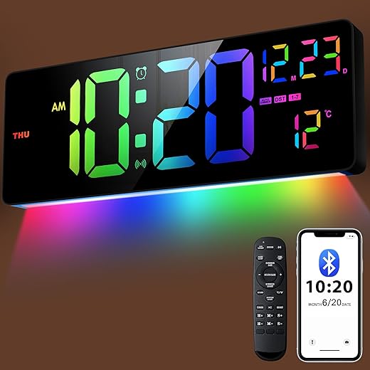 16" Bluetooth Large Digital Wall Clock/Auto Time Sync, 10 RGB Colors Digital Clock Large Display with Remote, Auto-Dimming/DST, Calendar, Timer, Alarm, 6 Night Lights Big Digital Clock for Decor