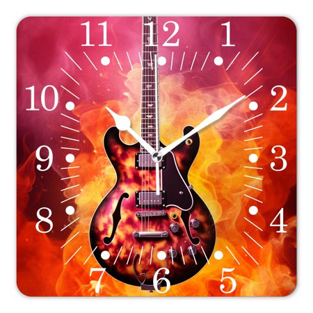 16 Inch Wall Clock Battery Operated Square Clock for Office, Kitchen, Outdoor, Living Room,Fire Rock Guita Pattern