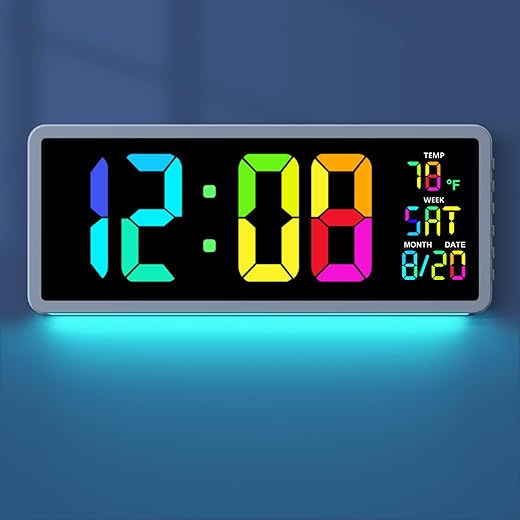 16" Large Colorful Digital Wall Clock | 7 Night Lights | 5 Dimmer, Big LED Display with Day of Week | Date | Indoor Temperature | DST, Clear Read Clock for Living Room Bedroom Office Gym Farmhouse