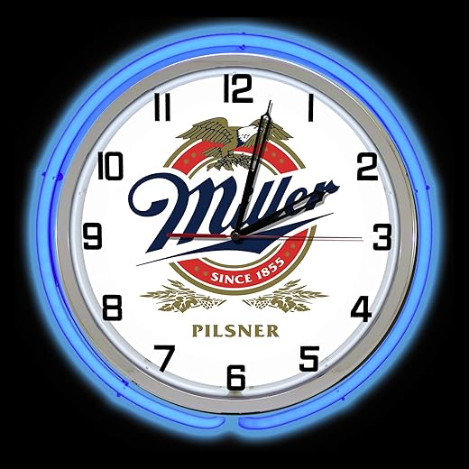 19 Miller Pilsner Beer Sign Neon Clock, Blue Outside Tube, Two Neon Tubes