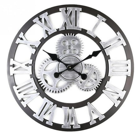 1PC Creative 3D Gear Wall Clock Retro Fashion Wall Decorative Hanging Clock Art Decor for Home Office Living Room Bedroom (Silver, Rome, 40cm)