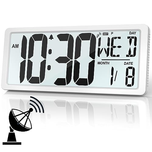 [2024 New] Atomic Clock/Never Needs Setting, Battery Operated, 15 Digital Clock Large Display with Backlight, DST, Date, Day & Temperature, Large Digital Wall Clock for Home, Bedroom, Office Use