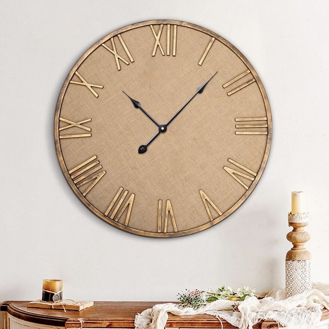 24 Inch Diameter Vintage Silent Non-Ticking Big Rustic Farmhouse Wall Clock