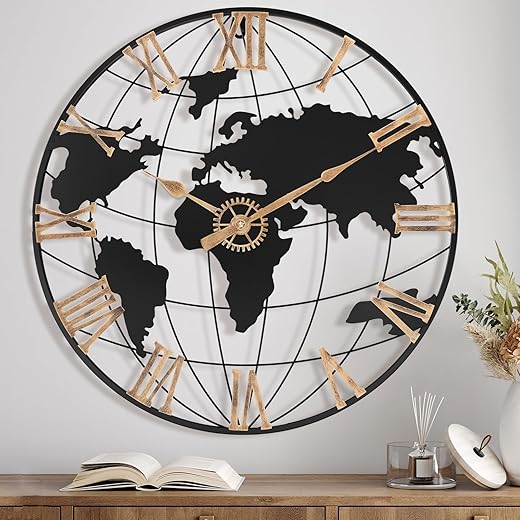 24 Inch Large Wall Clock for Living Room Decor,Big Modern Decorative Silent World Map Metal Wall Clock with Vintage Gold Roman Numeral for Office,Living Room,Kitchen,Dining Room