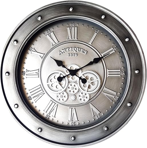 24" Wall Clock with Real Moving Gears, Oversized Large Vintage Industrial Steampunk Decor Wall Clock, Antique Silver Roman Numeral Metal Wall Clocks for Living Room Farmhouse