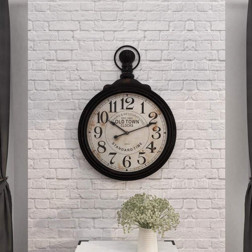 28 in. x 39 in. Brown Wooden Distressed Pocket Watch Style Wall...