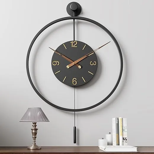 30.7×20 Inch Large Modern Decorative Wall Clocks for Living Room,Big Metal Minimalist 3D Arabic Numeral Dial,Farmhouse Pendulum Wall Clock With Elegant Walnut Pointers for Office,Dining Room Decor