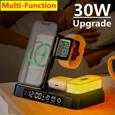 30W 3 In 1 Wireless Charger Stand Pad Alarm Clock Night Light Fast Charging Station Dock for iPhone for Samsung Galaxy Watch for iWAtch