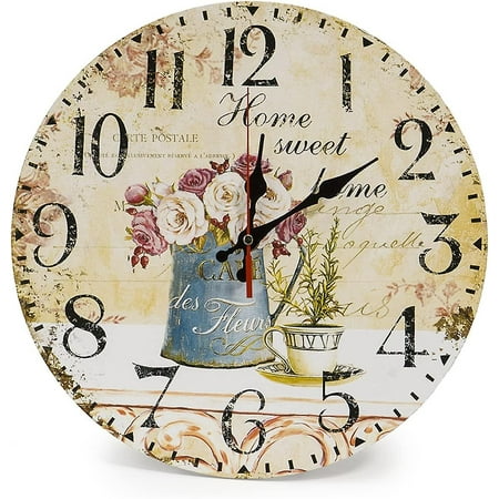 34Cm Vintage Rustic Wall Clock, Silent Wooden Dial Timer Clock For Home Living Room Bedroom Office Cafe Bar Decor (Coffee And Flower)