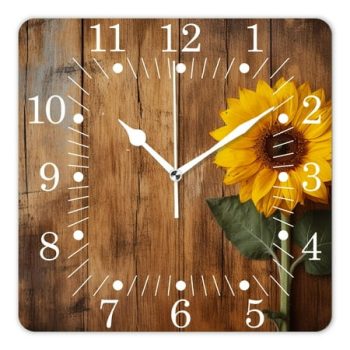 10 Inch Wall Clock Battery Operated Square Clock for Office, Kitchen, Outdoor, Living Room,Yellow Sunflower Brown Burlap on Wooden Exquisite