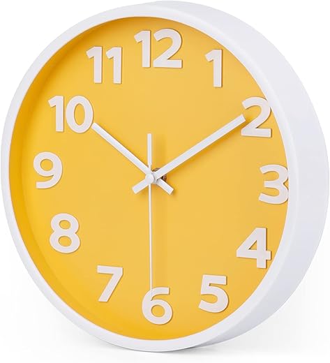 10 Inch Yellow Modern Wall Clock Silent Non-Ticking Battery Operated Wall Clocks for Home Office School Decor,3D Numbers Easy to Read