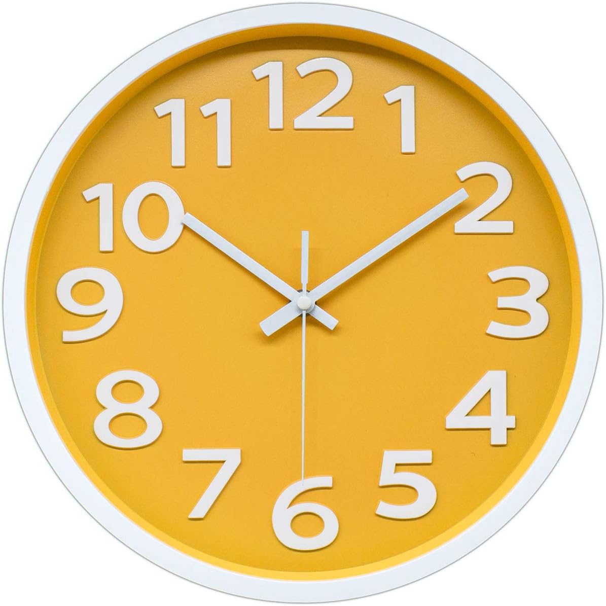 12 Inch Modern Wall Clock Silent Non-Ticking Battery Operated 3D Numbers Bright Color Dial Face Wall Clock for Home/Office Decor,Yellow