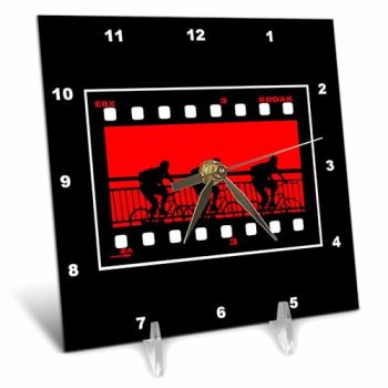 3dRose dc_154748_1 Film Strip of Bicycle Riders Against a Red Background Desk Clock, 6 by 6-Inch