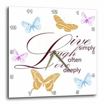 3dRose Live, Laugh, Love with Pretty Butterflies - Wall Clock, 13 by 13-inch