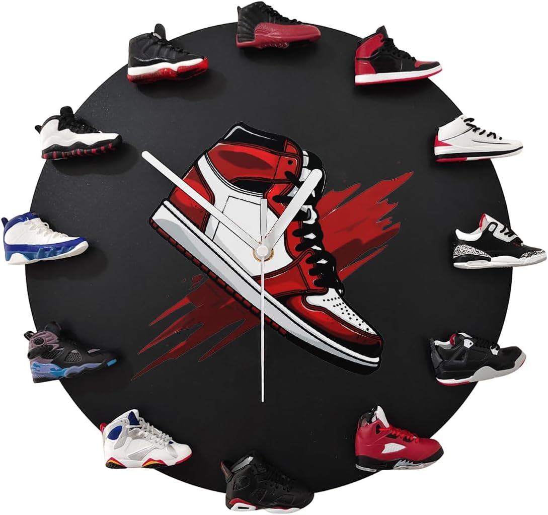 3D Wall Clock with 12 Mini Shoe Models, Decorative Sneaker Clock Basketball Shoe Clocks Gift for Boys & Girls Friends (Black)