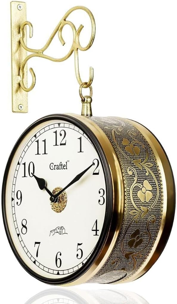 Antique Victoria Station Double Sided Railway Station Functional Wall Clock for Home and Office Decor Coated for Clasy and Vintage Look 8 Inch with Wall Mount Antique Shinny Gold