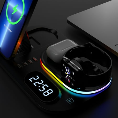 ARTEA 4 in 1 Wireless Charging Dock with Digital Clock and Night Light Fast Charging Stand Compatible with Apple Phone Earphone Watch