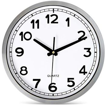 Bernhard Products Wall Clock Silent Non-Ticking Large 12 Silver Metal Frame Quartz Battery Operated Easy to Read Office Classroom Kitchen Living Room Bathroom Sweeping Clocks, Black Modern Numbers