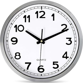 Bernhard Products Wall Clock Silent Non-Ticking Large 12 Silver Metal Frame Quartz Battery Operated Easy to Read Office Classroom Kitchen Living Room Bathroom Sweeping Clocks, Black Modern Numbers