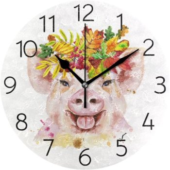 BESTKITTY Cute Pig with Autumn Leaves Wreath Wall Clock 9.8 Inch Silent Round Wall Clock Battery Operated Non Ticking Creative Decorative Clock for Kids Living Room