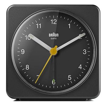 Braun Classic Analogue Alarm Clock with Snooze and Light, Quiet Quartz Sweeping Movement, Crescendo Beep Alarm in Black, Model BC03B.